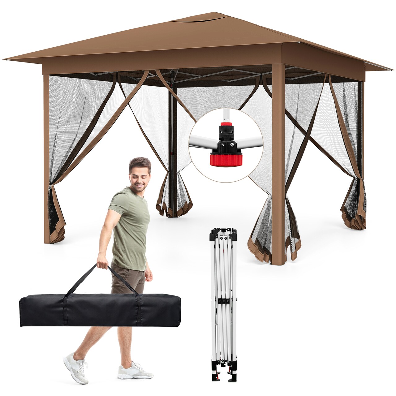 Heavy Duty Pop Up Gazebo 11.5x11.5 FT with Mesh Netting Walls, One Hand Lock Setup Outdoor Canopy Tent with Carry Bag for Events and Patio Shade